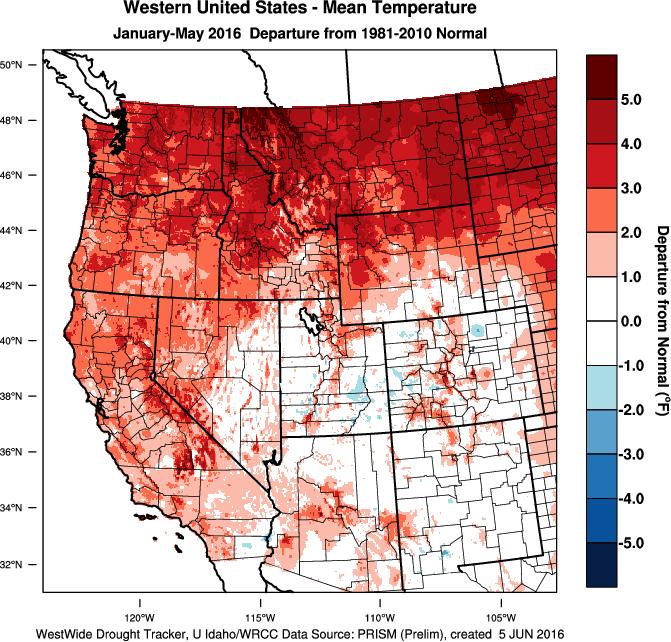 Figure 2 Western US year to date (January through May 2016) temperature departure from normal (left) and percent of normal precipitation (right; images from WestWide Drought