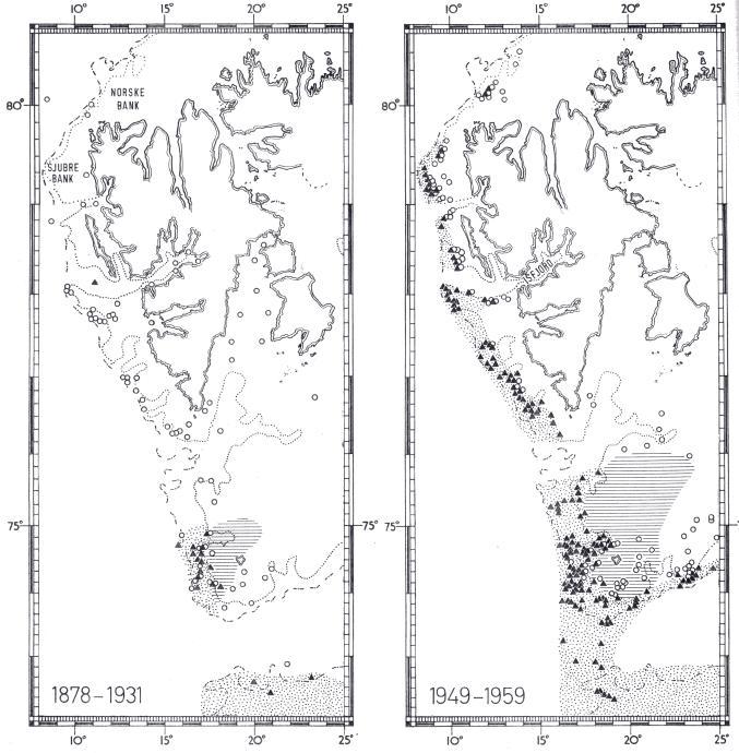 Off West Svalbard, comparison of benthos prior to the 1930s with those of the 1950s indicated that Atlantic species