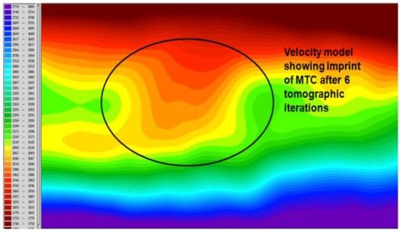 Thus when we overlay the velocity model on the stack section (Figure 3b) we see that the PSDM velocity at the Mass Transport Complex (MTC) shows velocity changes inside the MTC which follow thrust