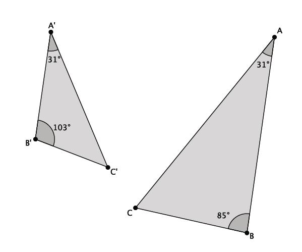 They are similar because they have two pairs of corresponding angles that are equal. Namely, B = B = 103, and A = A = 31. 4. Are the triangles shown below similar?
