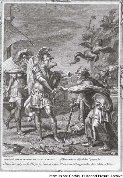 The Argonauts Calais and Zetes rescue Phineus from the Harpies in this engraving by French artist Bernard Picart (1673 1733). The overturned amphora indicates the damage caused by the monsters.