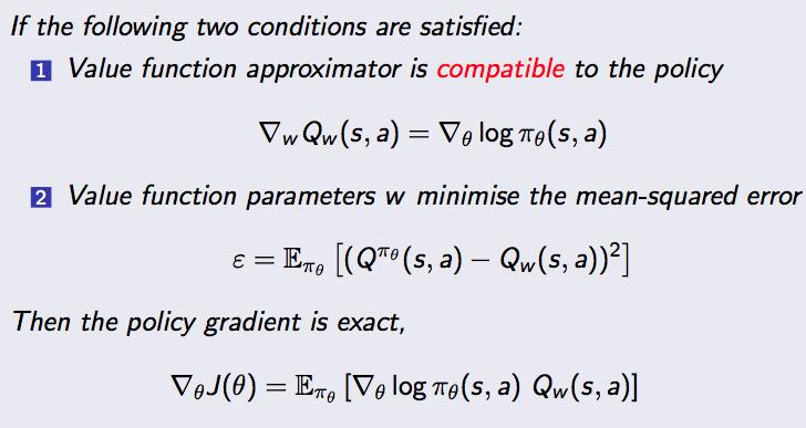 Actor-Critic Policy Gradient Compatible Function Approximation Compatible Function Approximation Theorem (Compatible Function Approximation Theorem) If the following two conditions are satisfied: 1