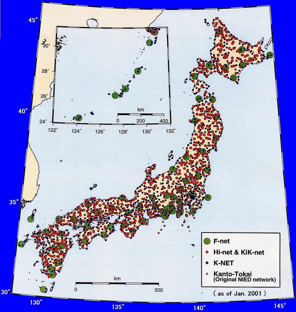 Figure 3 Distribution of Seismometers Operated by NIED GEONET A NATIONWIDE GPS PERMANENT ARRAY The Geographical Survey Institute (GSI) is the only national surveying and mapping organization in Japan