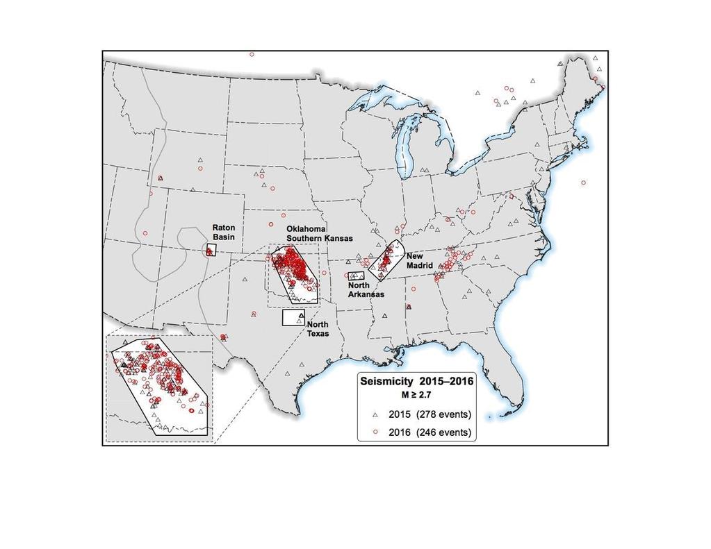 USGS map displaying seismic events in 2015 and 2016 in the central and eastern U.S. There is a high hazard for