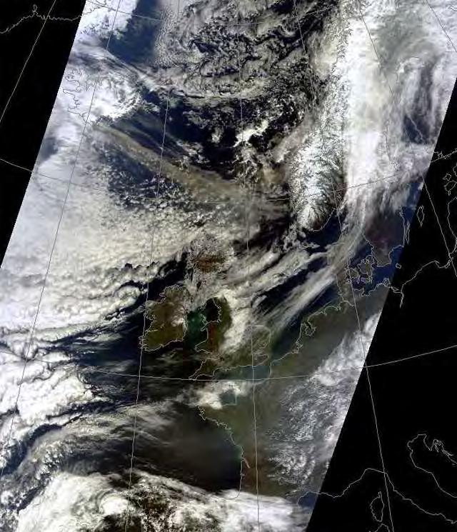 Noon 15 April: ash plume reaches Europe MODIS on NASA
