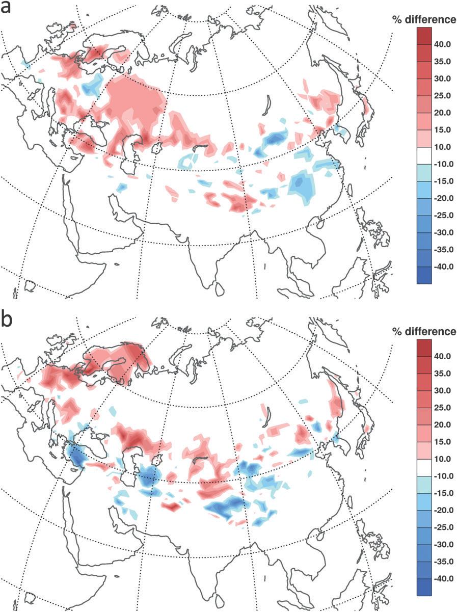1 MARCH 2012 1789 COHEN AND JONES FIG. 7. (a) Change in snow cover extent across Eurasia (a) two to four weeks prior to a vortex displacement and (b) two to four weeks prior to a vortex split.