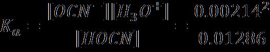 A 0.015 M solution of hydrogen cyanate HOCN has a ph = 2.67.