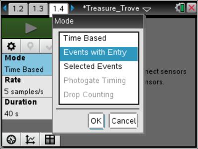 4. Select Mode: Events with Entry. Then select the Start button. 5. When the reading has stabilized, select the Keep button. 6. The program asks you to enter a value.