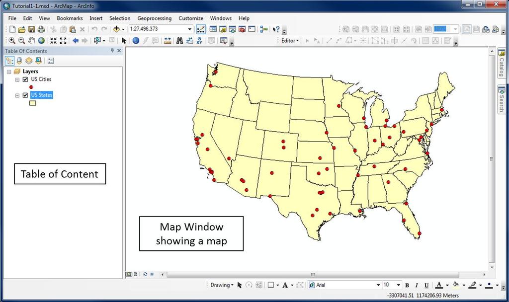 6.1) Introducing Maps, Map Layers, and GIS Data Files Figure 4: ArcMap screen capture Map Window Displays the map Map Displays the map layers (here: two) overlain on each other.