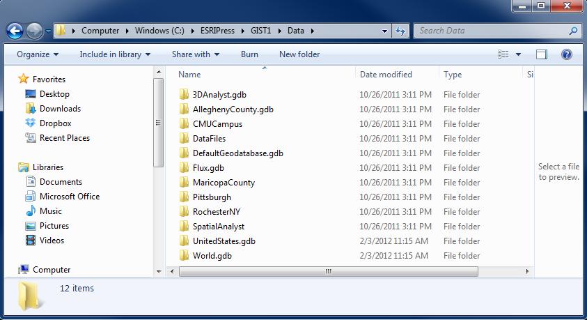 Figure 7: Contents of C:\ESRIPress\GIST1\Data The C:\ESRIPress\GIST1\Data folder contains a series of folder and file geodatabases, for example the UnitedStates.gdb and the World.