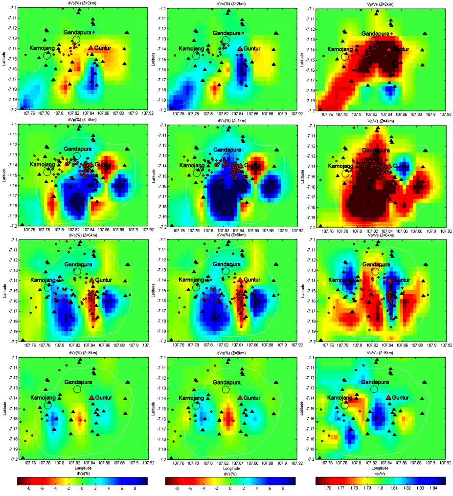Seismic Velocity Structures beneath Guntur Volcano Complex 25 Figure 8 Horizontal map views of the P-wave velocity perturbations (dvp), left panel; S-wave velocity perturbations (dvs), middle panel;