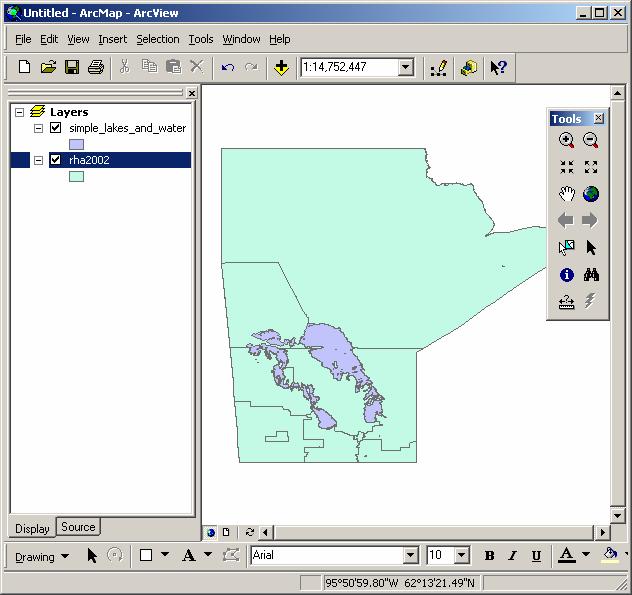 theme is roughly in the shape of Manitoba. Click on add data again, and open D:\gis_course\simple_lakes_and_water.shp.