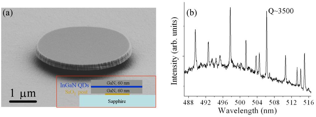 sandwiched between two GaN layers (60 nm each). The diameter of the disks is ~ 3 µm and the thickness is ~ 120 nm.