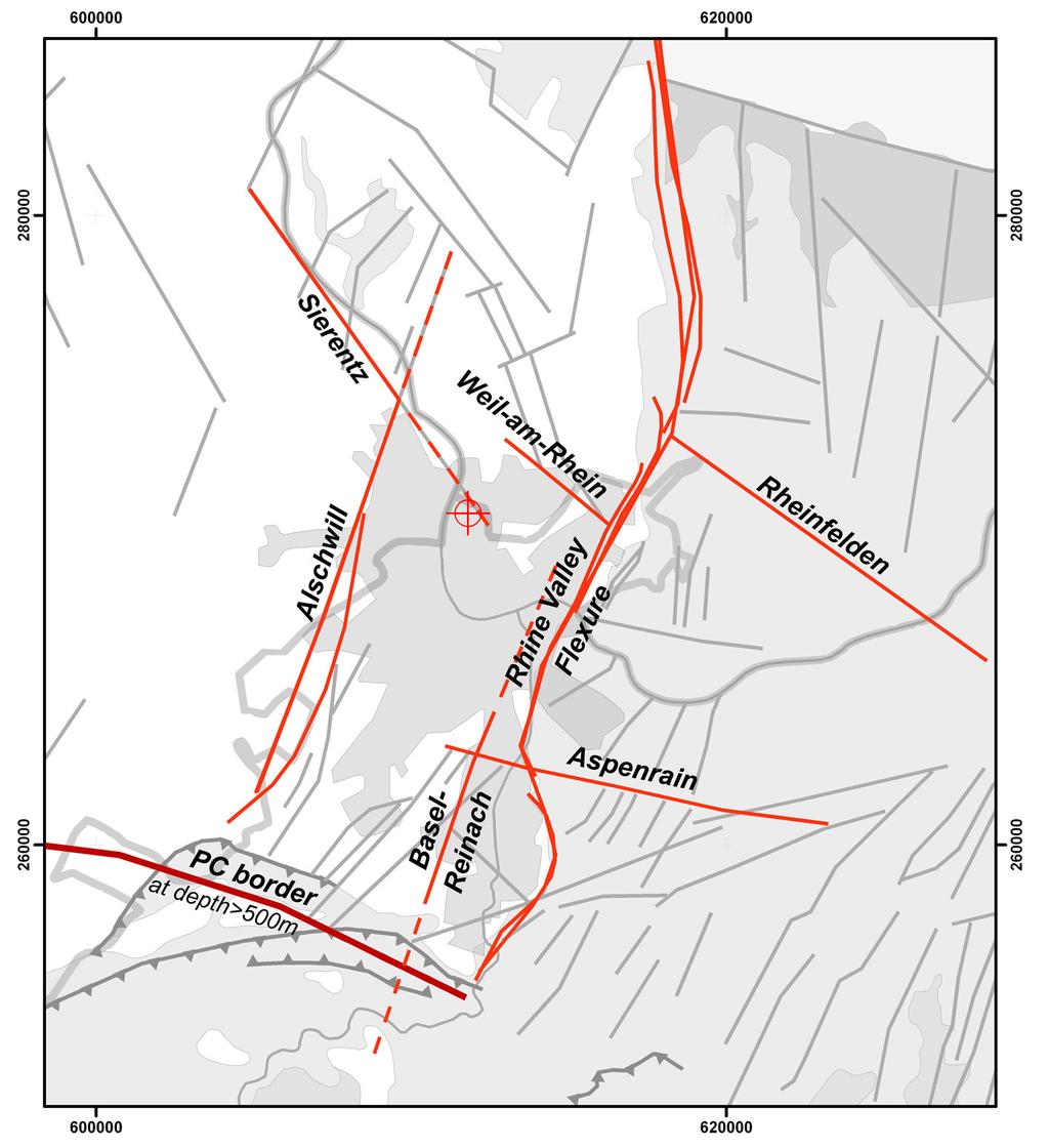 Figure 2: Map of the eight most important, natural fault zones in the vicinity of the geothermal location.