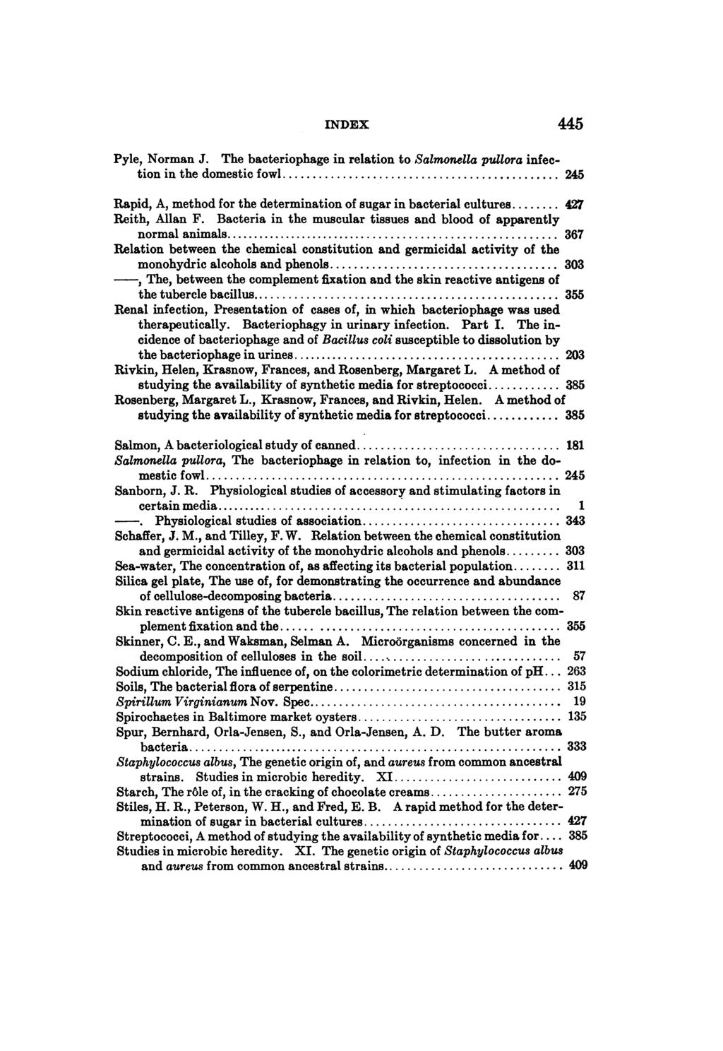 INDEX 445 Pyle, Norman J. The bacteriophage in relation to Salmonella pullora infection in the domestic fowl... 245 Rapid, A, method for the determination of sugar in bacterial cultures.