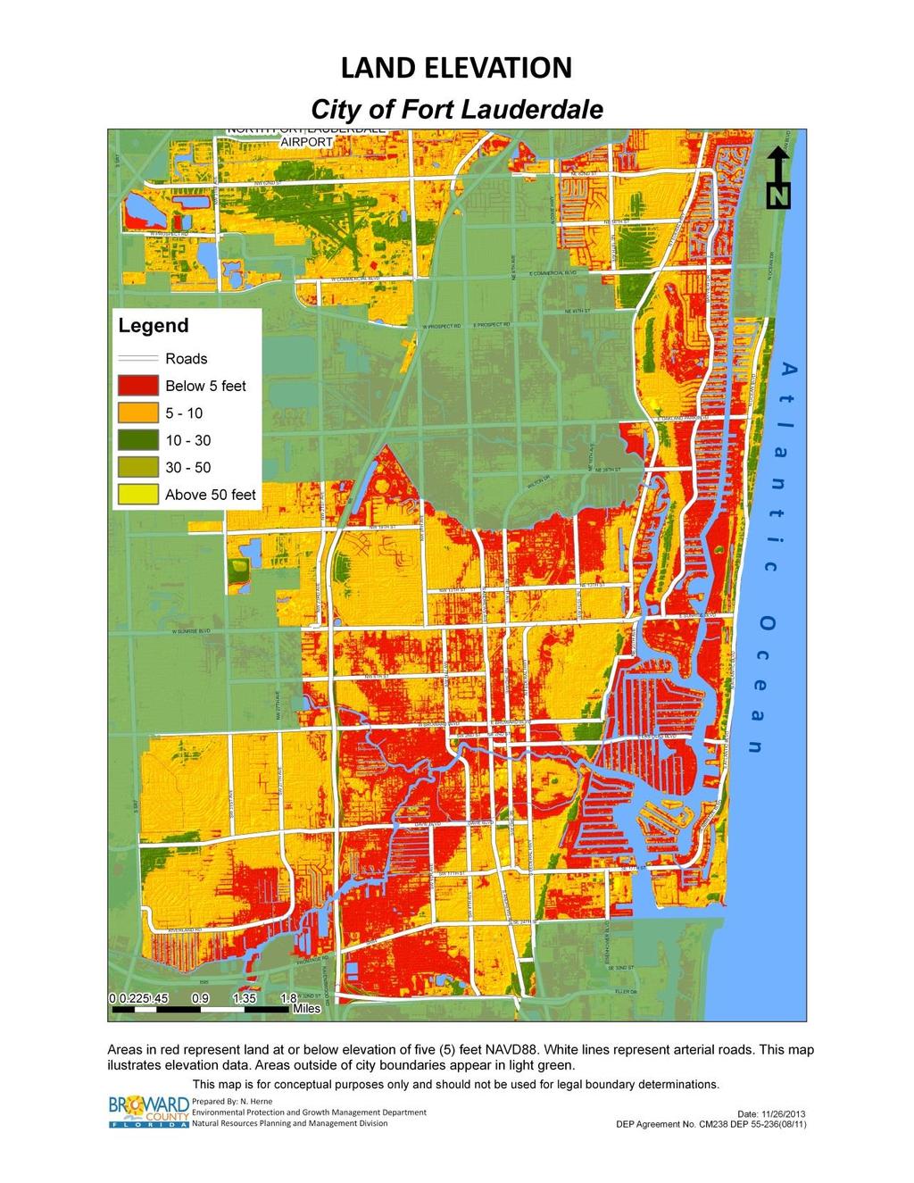 City of Fort Lauderdale Land Elevation Map * Red represents areas