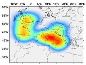 Finally, during February (5 cases), cyclones formed mainly south of the Gulf of Genoa and the western coast of France (not shown). Value x10 3 cyclones deg. lat 2 day 1 0.42 0.30 0.20 0.10 0.