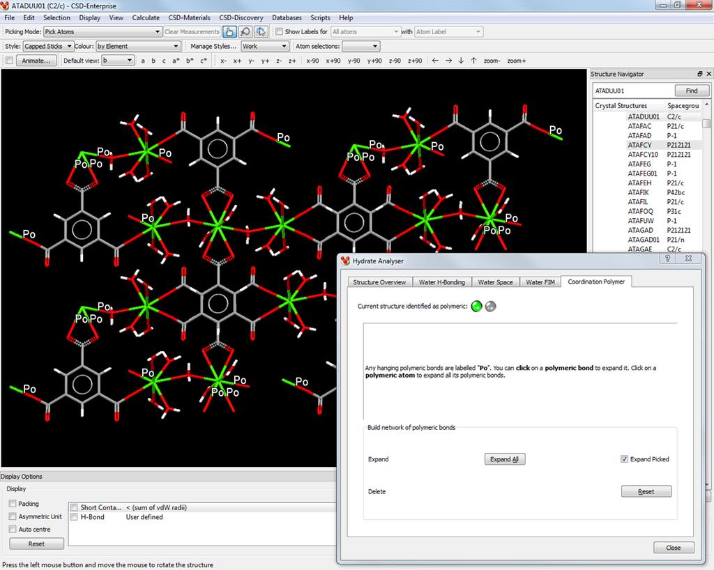 21.11.7 Coordination Polymer The Coordination Polymer tab allows the user to investigate metal-coordinated hydrates.