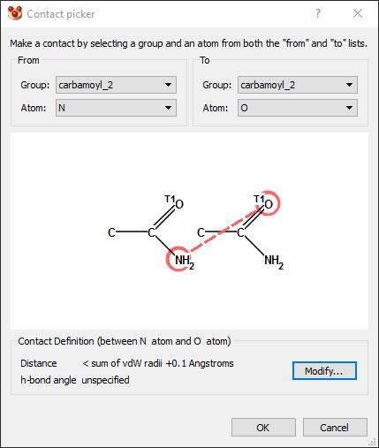 In the resulting dialogue, make a contact between the carbamoyl N and the carbamoyl O by selecting the carbamoyl groups from the from and to drop-down lists.