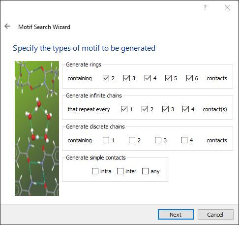 Click on the Next button to proceed to the final section of the Motif Search wizard. 4. Generating motifs We are interested in looking for motifs involving rings and infinite chains.