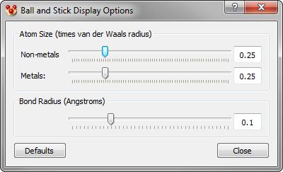 The Atom Size sliders allow interactive control over the size of atoms in the Ball and Stick display style. The white boxes show the current atom size (value times van de Waals radius).