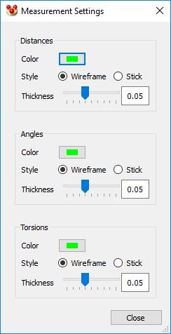 The display settings of distances, angles and torsions can each be customised independently. To control the colour of the measurements, click on the relevant colour picker for that measurement type.