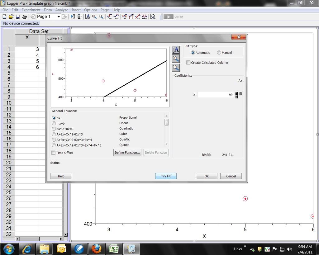 If you select a general equation and then click Try Fit you can see how well that type of equation fits your data.