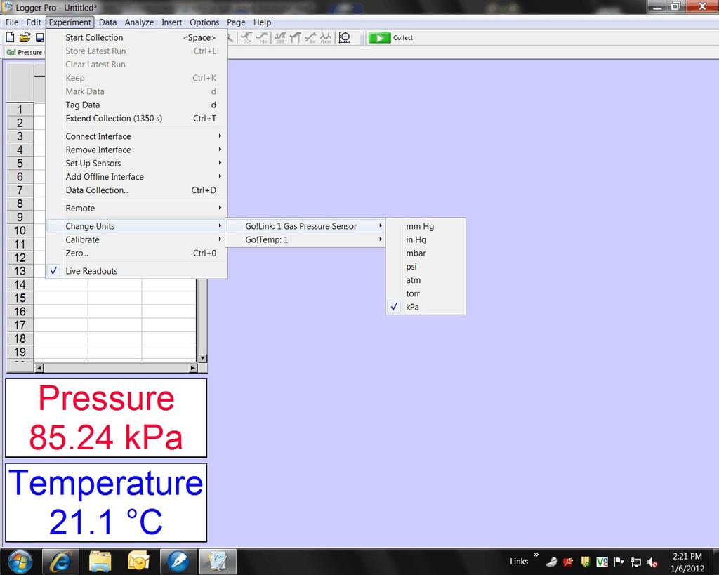 Under Experiment in the toolbar, change the units of the pressure sensor to atmosphere and the units of temperature to