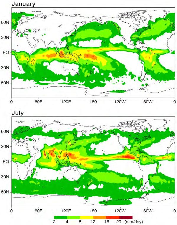 Not perfectly symmetric about the Equator. Variations in longitude (departures from "zonal symmetry"). e.g., eastern Pacific has little rain, western Pacific has intense rainfall.