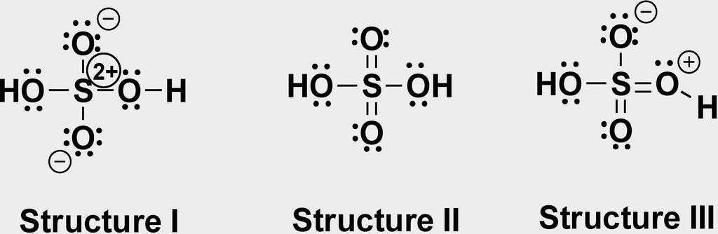 In Structure I, one atom has a +2 formal charge. Two other atoms each possess a charge of 1. All atoms in Structure II are completely neutral.