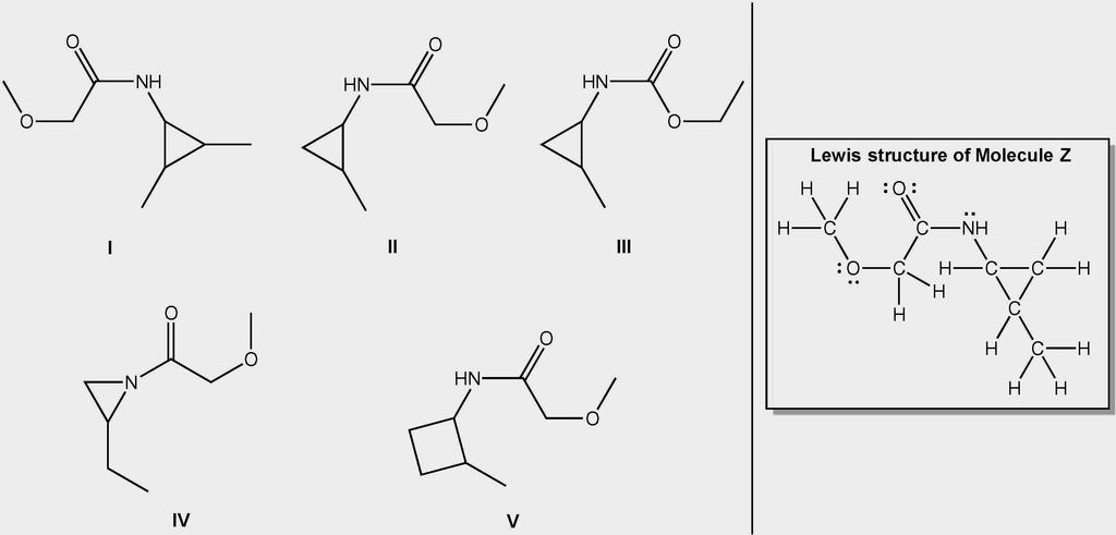 Which line structure is correct for Molecule Z? a. I d. IV b. II e. V c. III B DIF: Medium REF: 1.