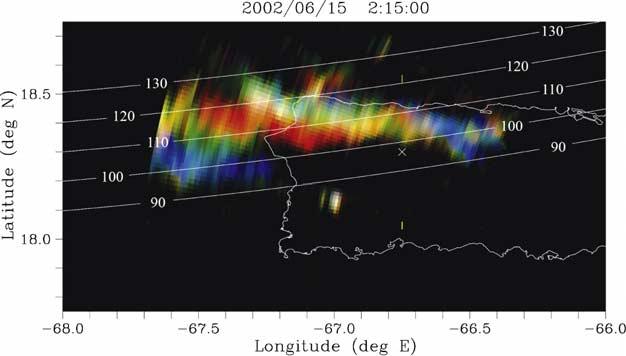 Figure 6. Map showing images obtained from the analysis of the coherent scatter measurements on 14 June 2002. The image in the figure corresponds to 0215 UT (AST + 4 hr).