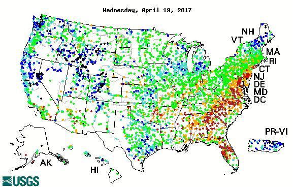streamflow OH to MO and plains Wet areas show fairly