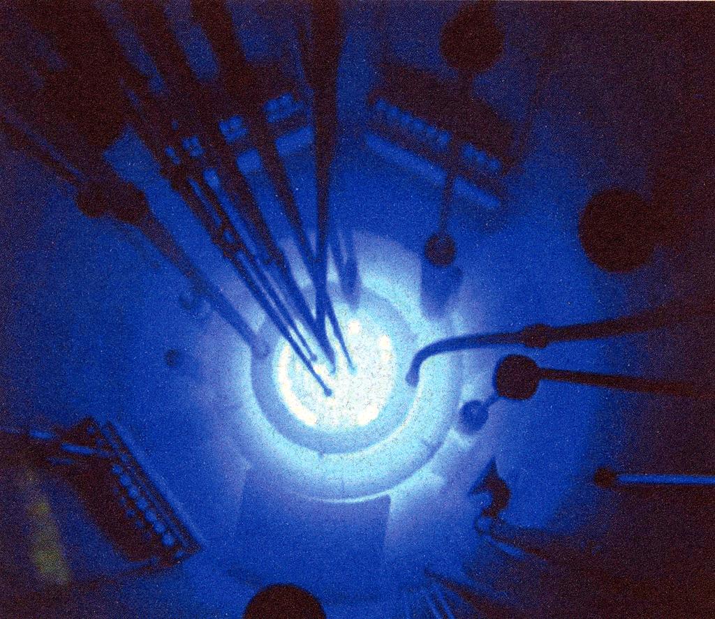 -6downward. Large power reactors do not have viewing ports, but the cores of research reactors are usually visible. The cores are surrounded by an eerie blue glow when the reactors are operating. 18.