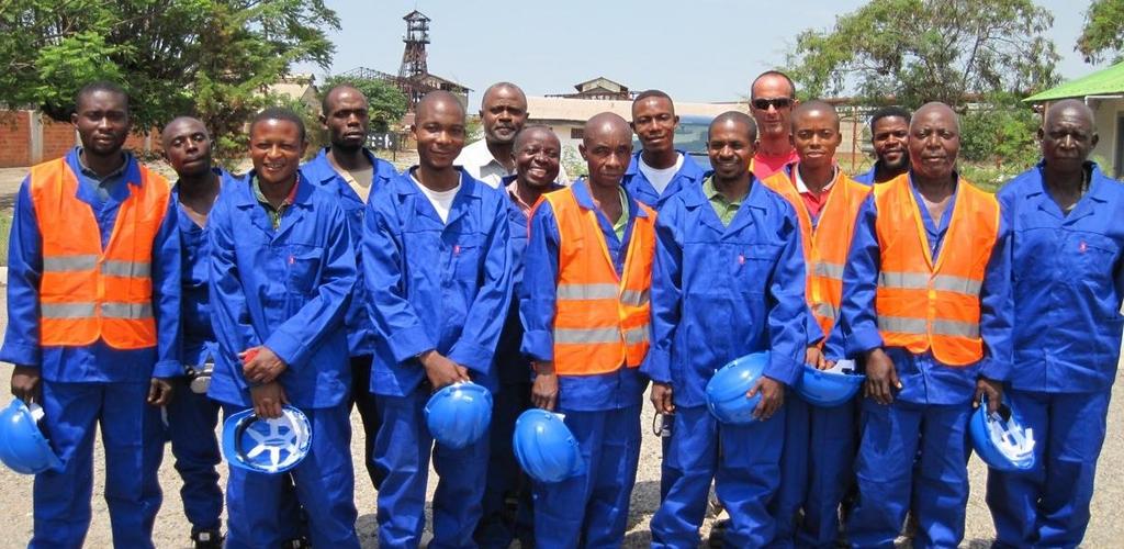 Kipushi A construction crew from Lubumbashi-based contracting company, Building Enterprise Congo (Benco), prior to beginning work on a new auditorium at the Kipushi Mine.