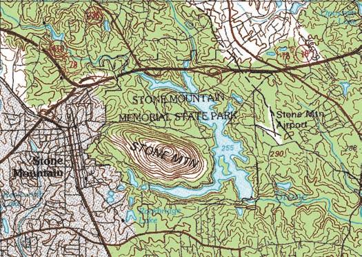 These maps of Stone Mountain Georgia illustrate two scales: (a) 1:24,000 (larger scale) and (b) 1:100,000 (smaller scale).