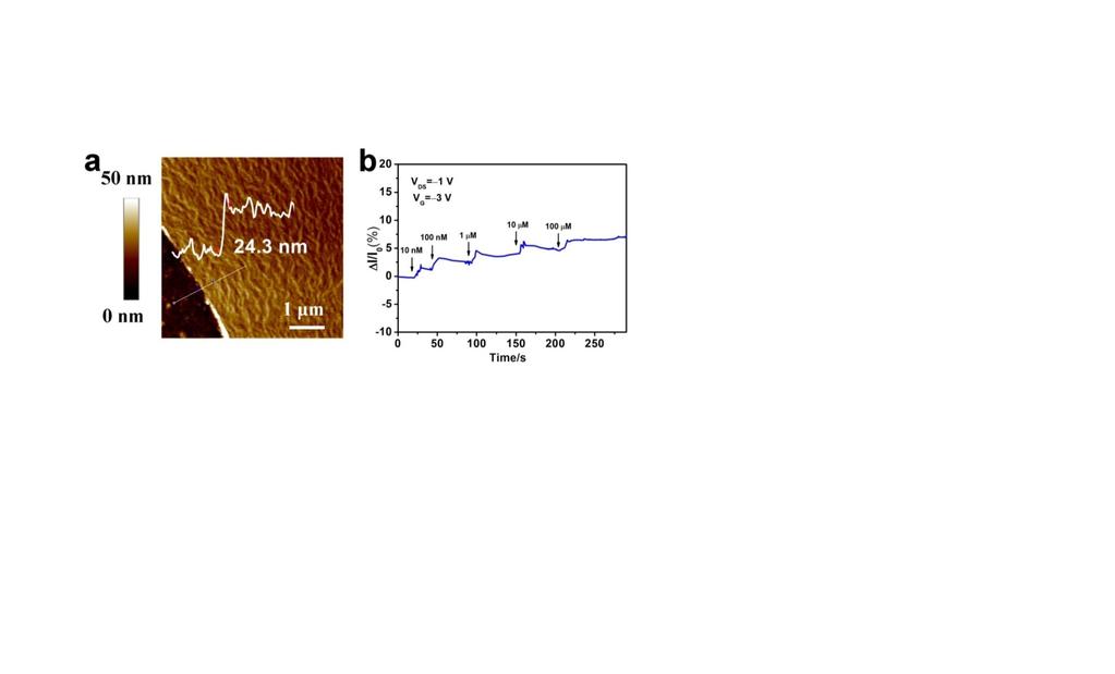 Fig. S9 (a) AFM image of a PDPP3T film with a thickness of 24 nm. (b) Real-time sensing I DS responses to ATP with concentration ranging from 10 nm to 100 μm. Fig.