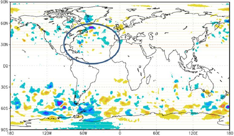 Figure 16: Difference (NOSCAT-CNTL) in rms 48-hour forecasts error (m/s) for 500hPa geopotential height. Blue cycle shows in North Atrantic.