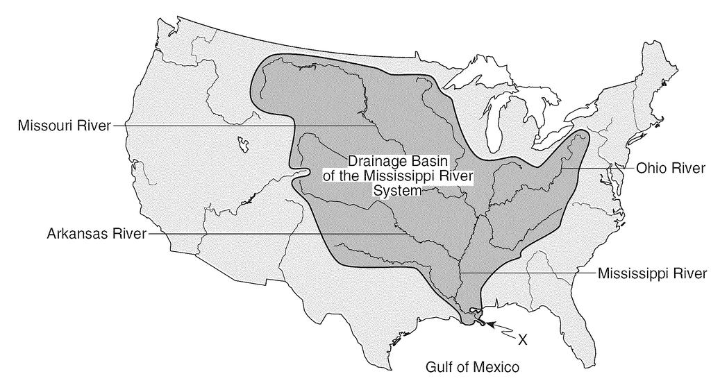 Base your answers to questions 72 through 74 on the map below, which shows the drainage basin of the Mississippi River system. Several rivers that flow into the Mississippi River are labeled.