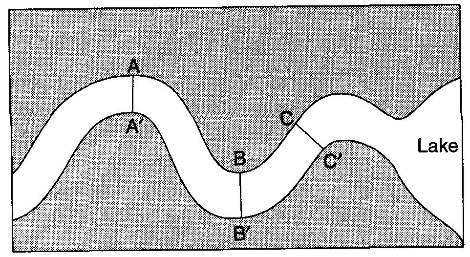 80. The map below represents a meandering stream flowing into a lake.