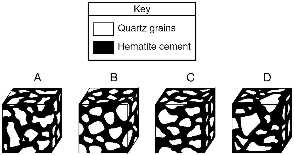 The diagram below shows four magnified block-shaped sandstone samples labeled A, B, C, and D. Each sandstone sample contains quartz grains of different shapes and sizes.