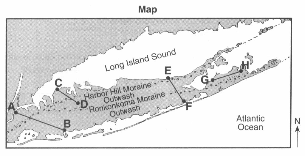 Base your answers to questions 11through 13 on the map of Long Island, New York. AB, CD, EF and GH are reference lines on the map. 11.The cross section below represents the sediments beneath the land surface along one of the reference lines shown on the map.