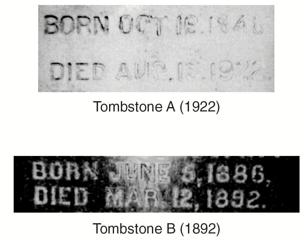 39. The two photographs below show dates on tombstones found in a cemetery in St. Remy, New York. The tombstones were 5 meters apart and both faced north.