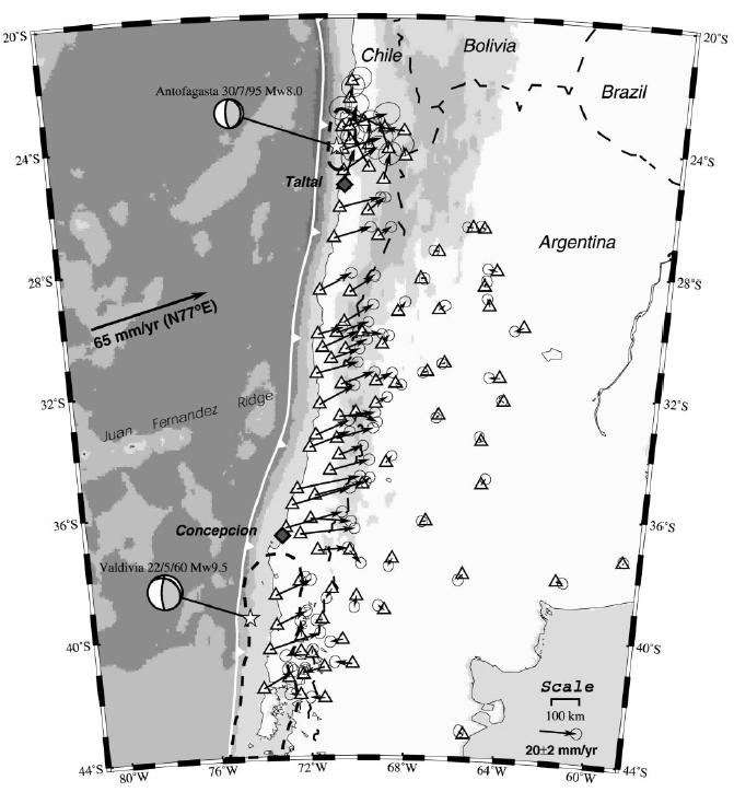 The random orientation of the measured velocity vectors in the north and south of Chile shown in Figure 8a is a consequence of the previous large earthquakes in 1995 and 1960 respectively.