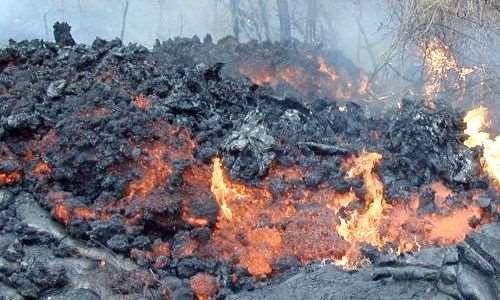 Aa Hawaiian for stony rough lava & to burn Has a High viscosity = flows slowly The crust is torn into jagged pieces as lava flows