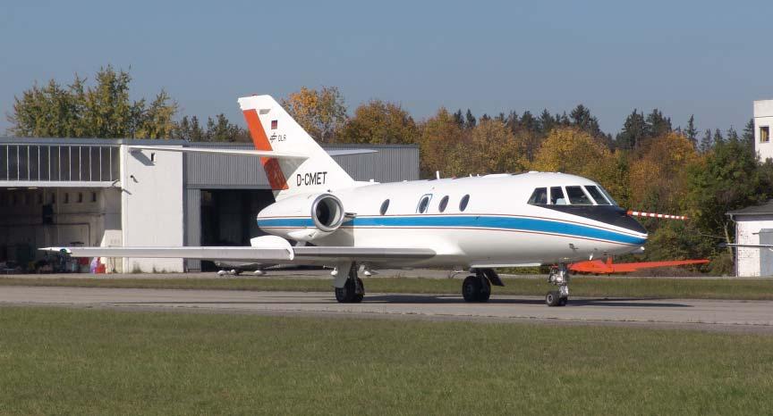The DLR Falcon 20 Aircraft Falcon jet just before take-off for first A2D flight in October 2005 pressurized, twin-engine jet, max.
