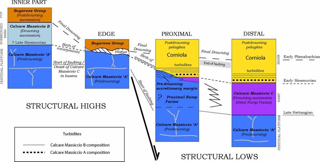 650 S. Fabbi Figure 5. Litho-chronostratigraphic and event correlation, and general facies along a typical PCP-basin transect (early post-drowning scenario). Modified after Fabbi & Santantonio, 2012.