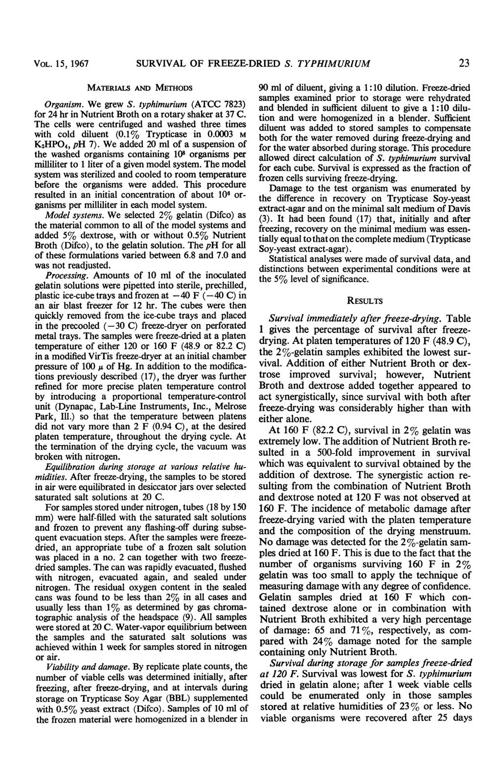 VOL. 1 5,1967 SURVIVAL OF FREEZE-DRIED S. TYPHIMURIUM 23 MATERLMLS AND METHODS Organism. We grew S. typhimurium (ATCC 7823) for 24 hr in Nutrient Broth on a rotary shaker at 37 C.