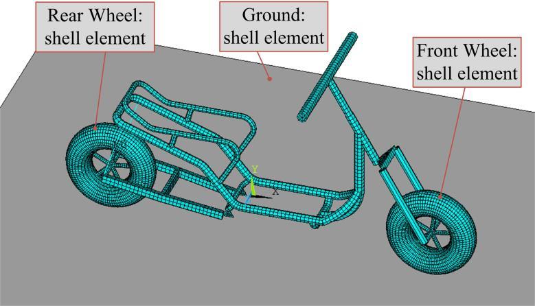 The rear wheel was constrained in all directions except for translation in Y-direction. 3D surface to surface contact method was chosen for the contact pair between wheels and the ground.