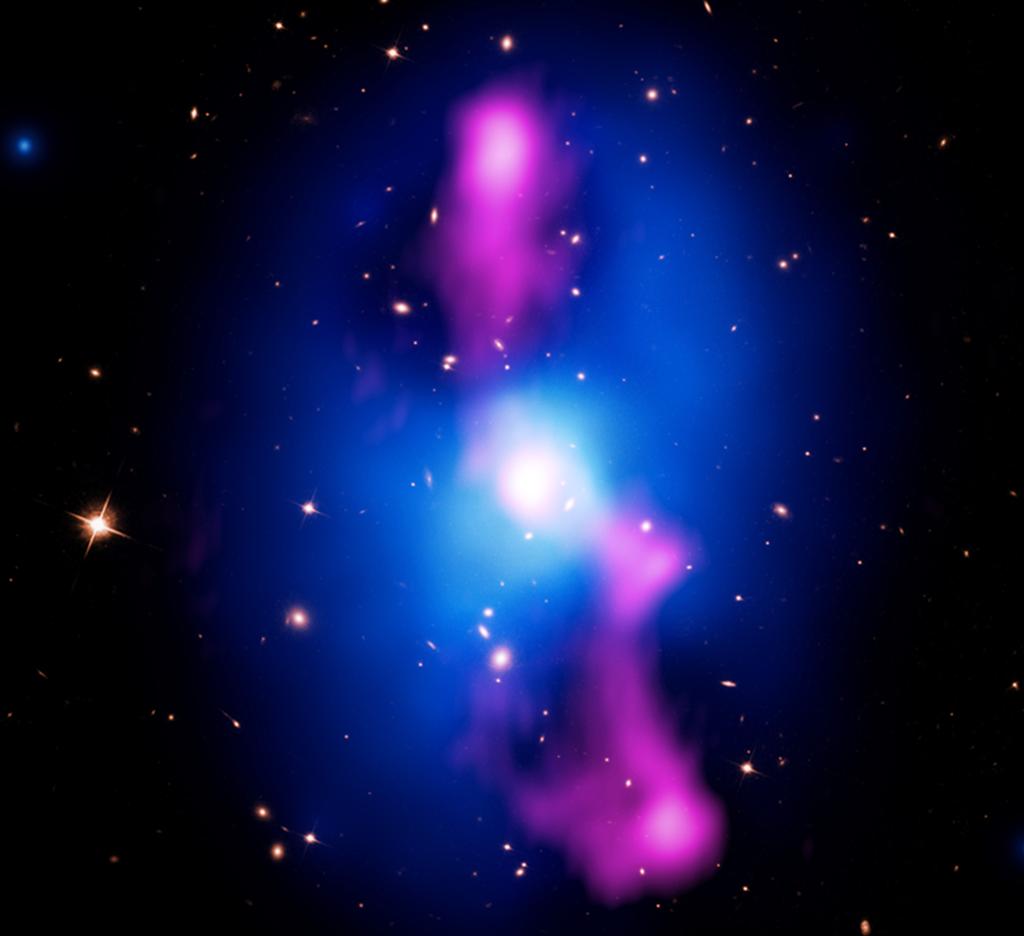 AY 0 0.+ Located some. billion light years from Earth, 0.+ is a galaxy cluster that is home to one of the most powerful eruptions in the Universe ever seen.